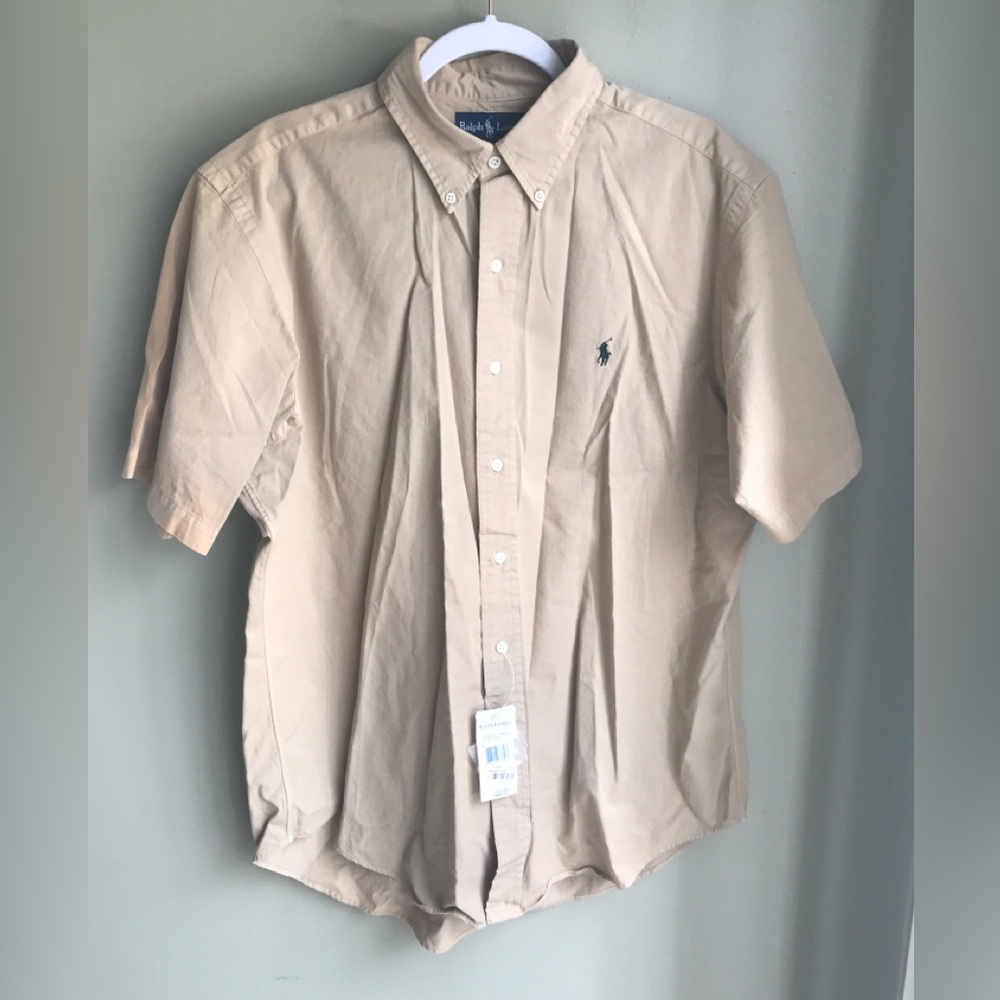NWT! Polo Ralph Lauren Men Button-Down Shirt Short Sleeve Beige Size: L (Stains)